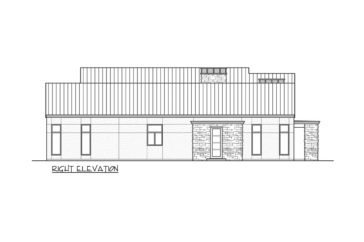Right elevation drawing of a multi-level house with metal siding, stone accents, and varied window styles.