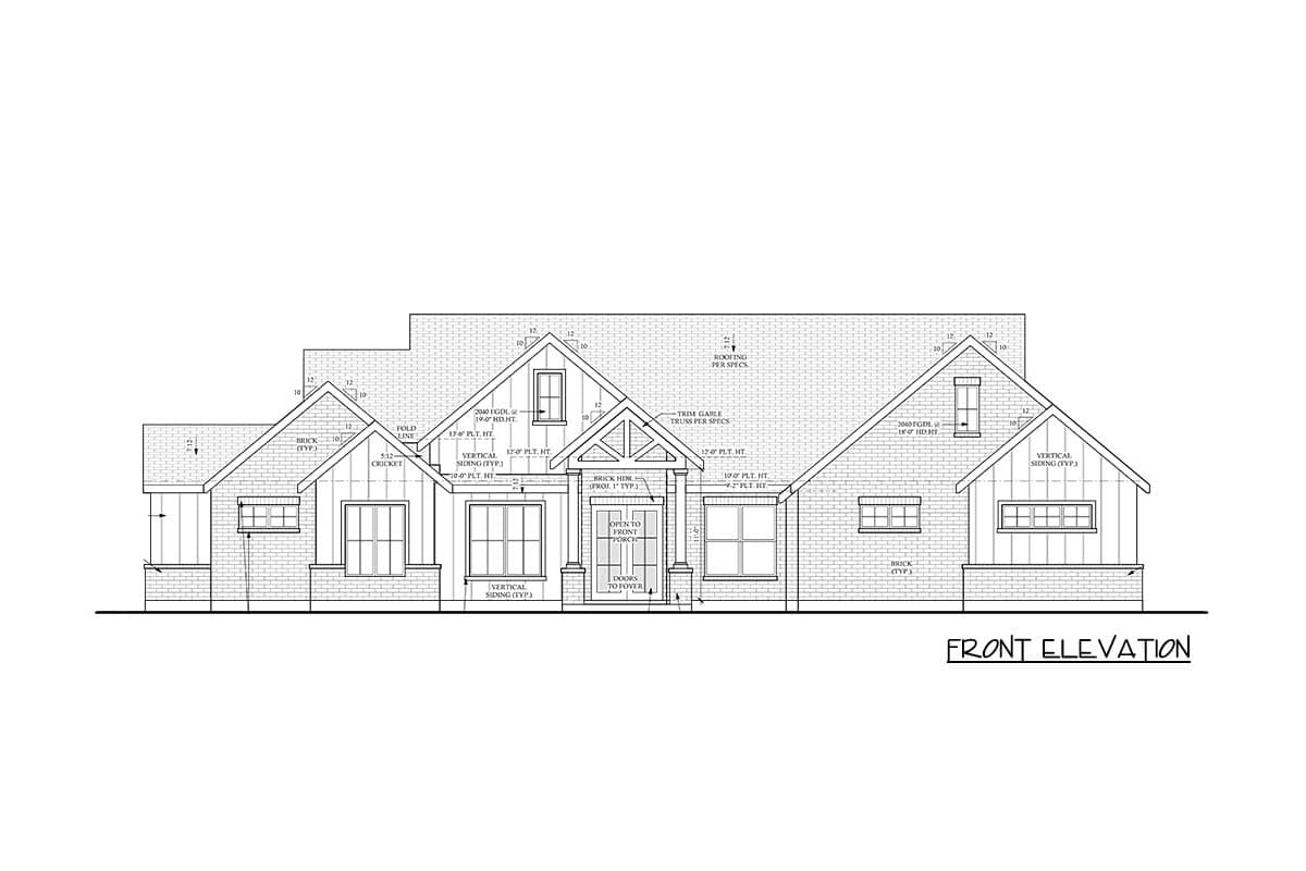 Front elevation drawing shows a one-story house plan with brick and vertical siding, gabled roof, and prominent front porch.
