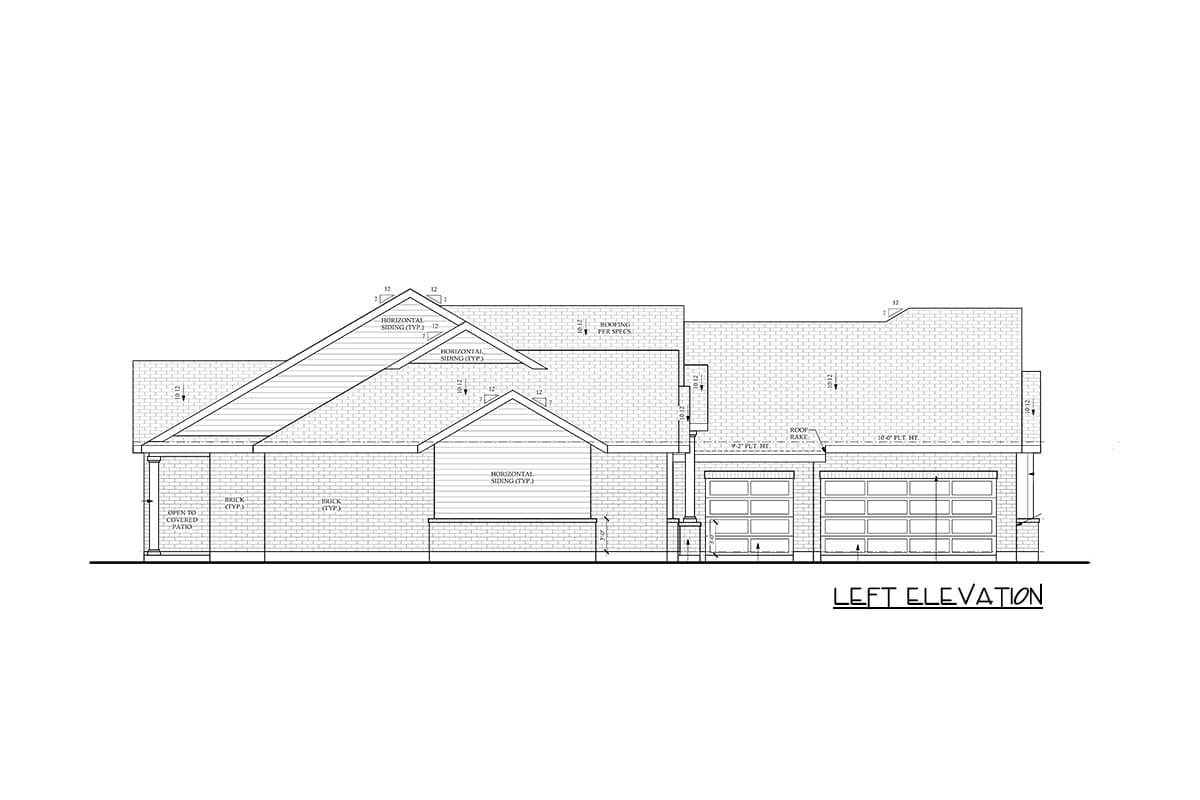 Left elevation of house plan showing brick base, horizontal siding, gabled dormers, and a three-car garage.