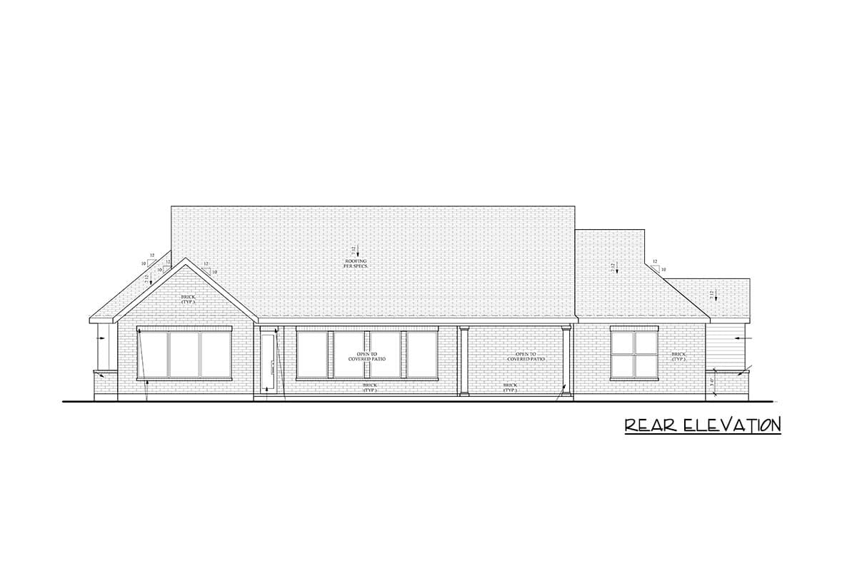 Rear elevation house plan showing brick exterior, gabled rooflines, and covered patios.