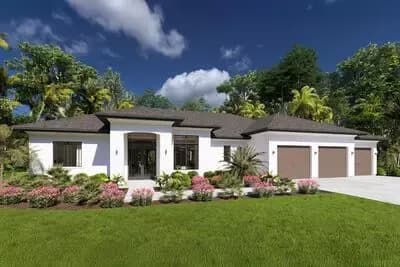 Contemporary Mediterranean House Plan with Expansive Lanai, Outdoor Kitchen, and 3-Car Garage