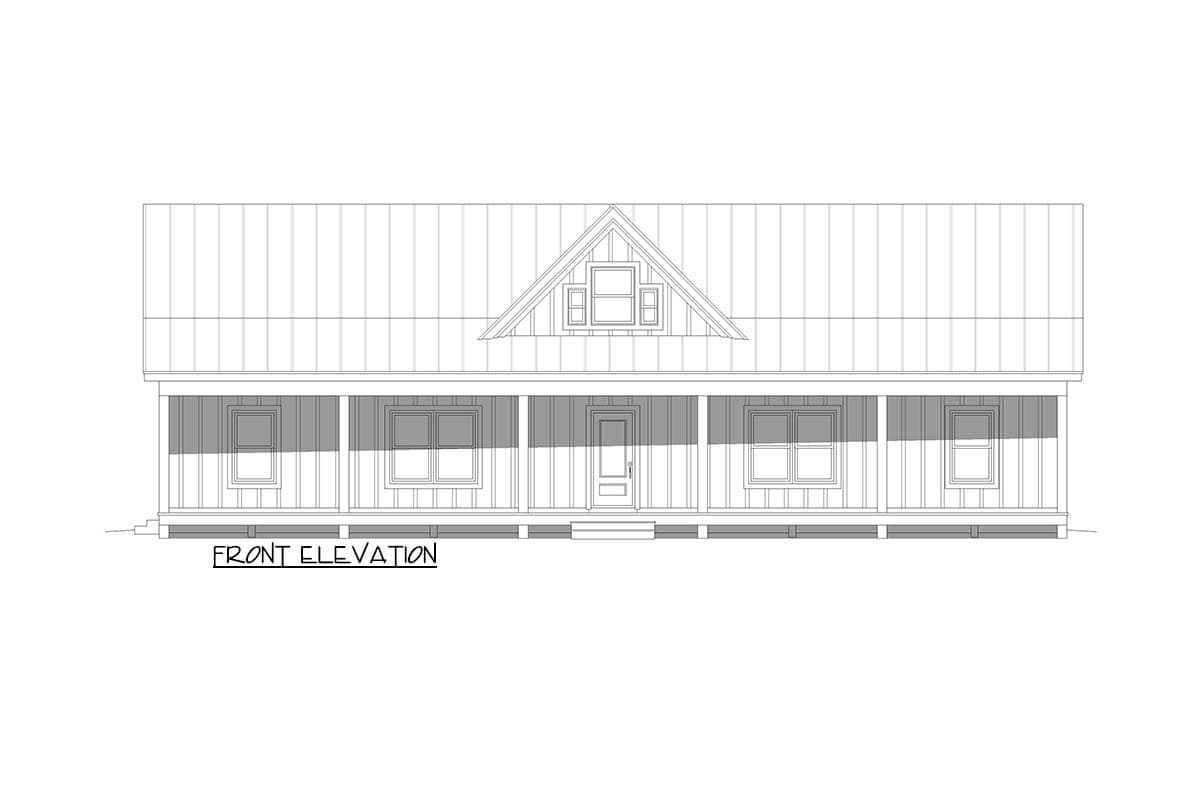 Front elevation drawing of a house plan featuring a wide porch, central entry, and a prominent gable dormer.