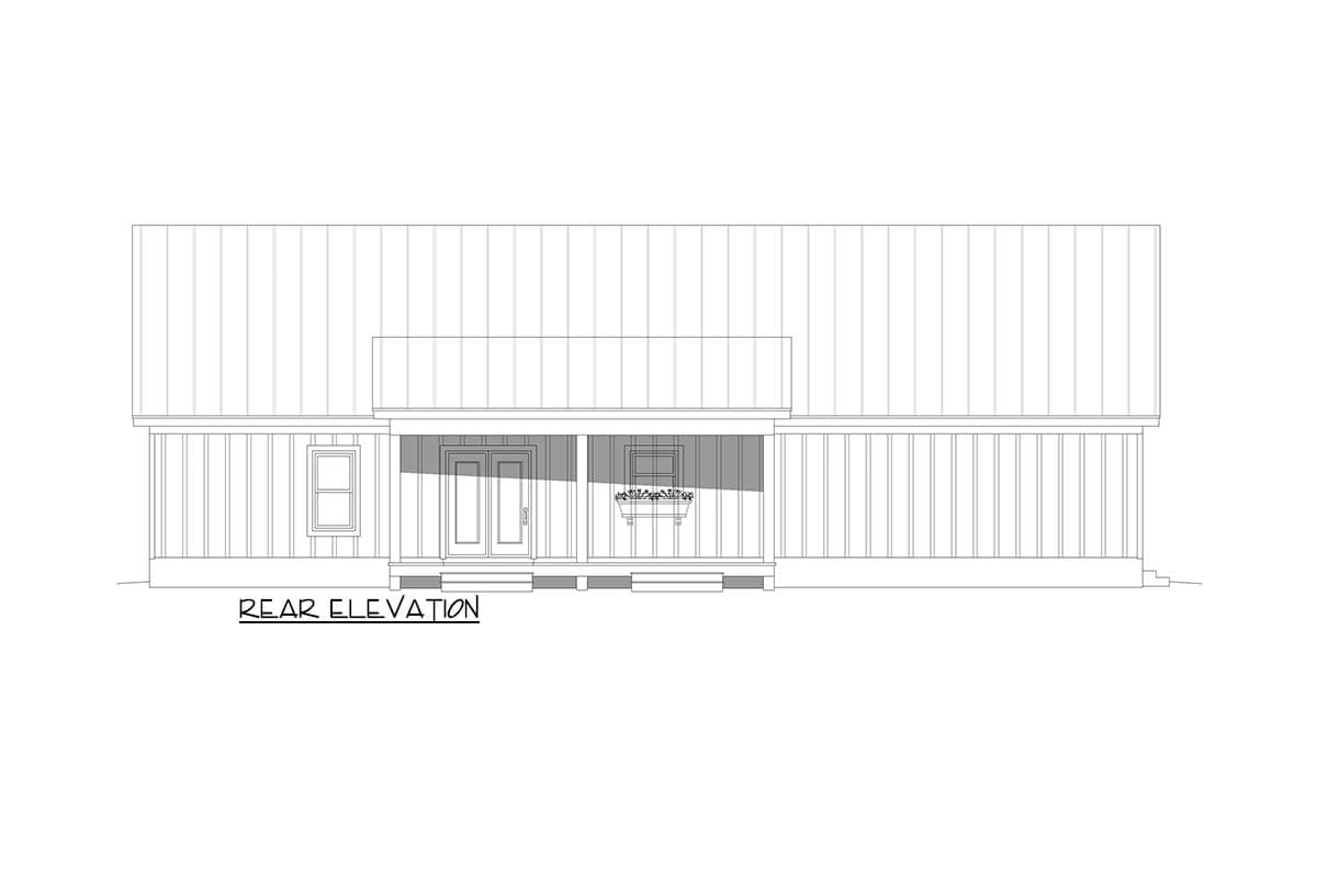 Rear elevation drawing of house plan featuring a covered porch with double doors and a single window with planter.
