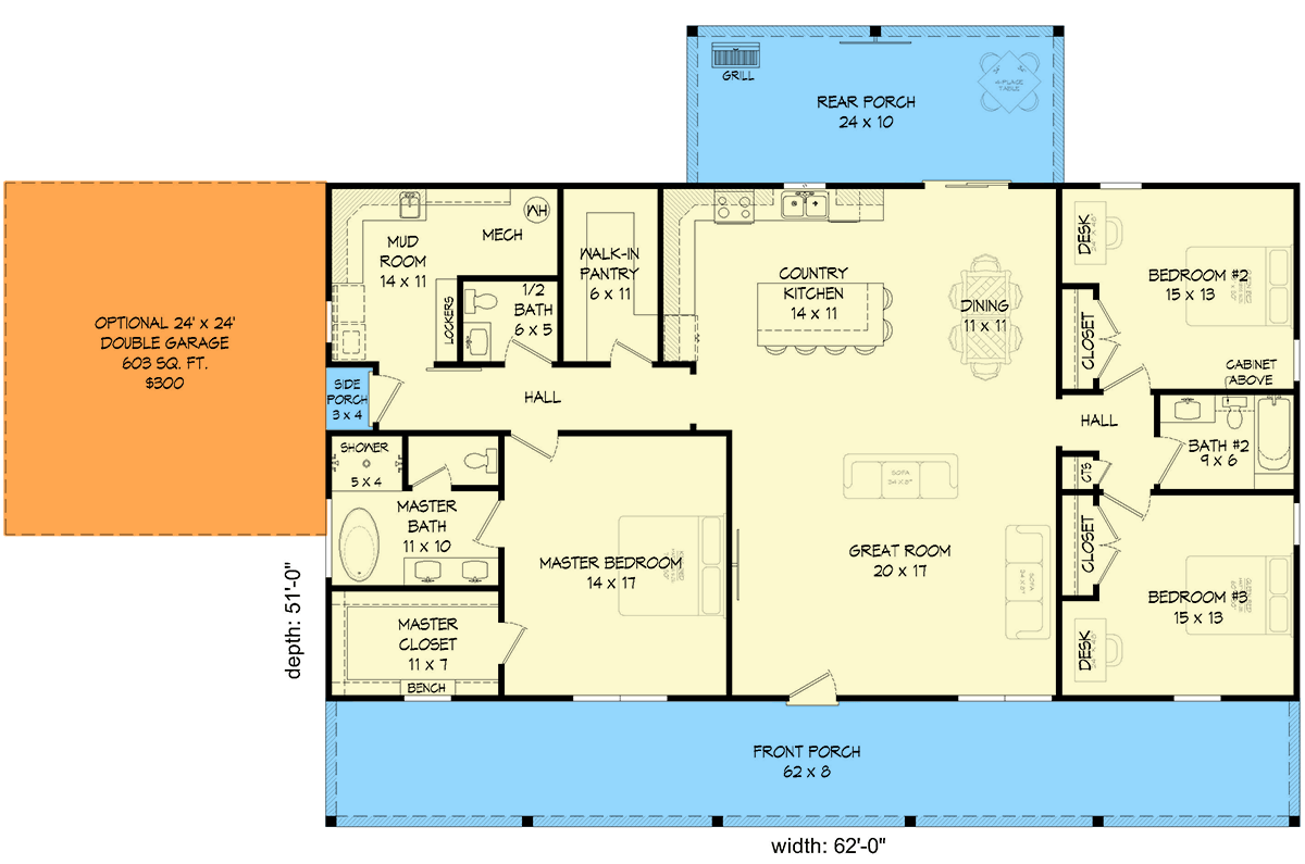 Plan 680619VR: Inviting New American Ranch House Plan with Split Beds and Outdoor Kitchen - Floor Plan - Main Level - Country, New American, Ranch