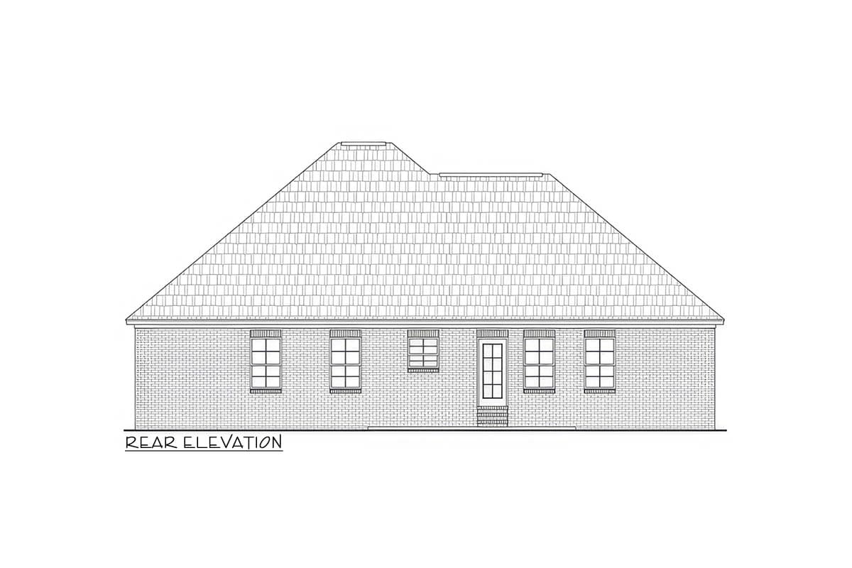 Rear elevation drawing of a one-story brick house with a hipped roof and six windows.