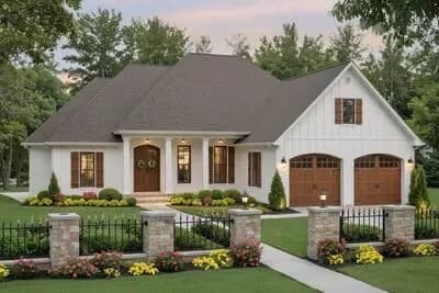 Modern Farmhouse Plan: Split Beds, Flex Space, 2-Car Garage