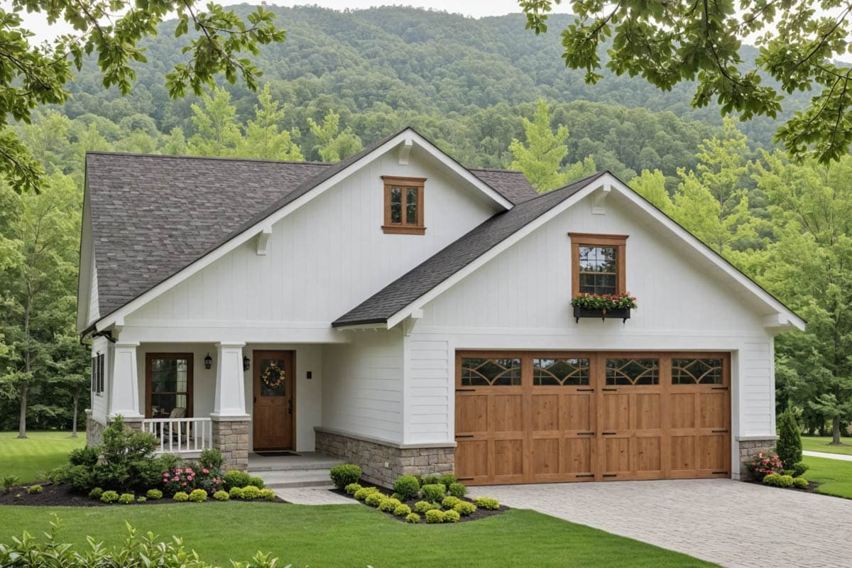 House plan exterior. Modern Farmhouse style, one-story house with gabled roof, stone accents, and a front-facing garage with carriage-style doors.