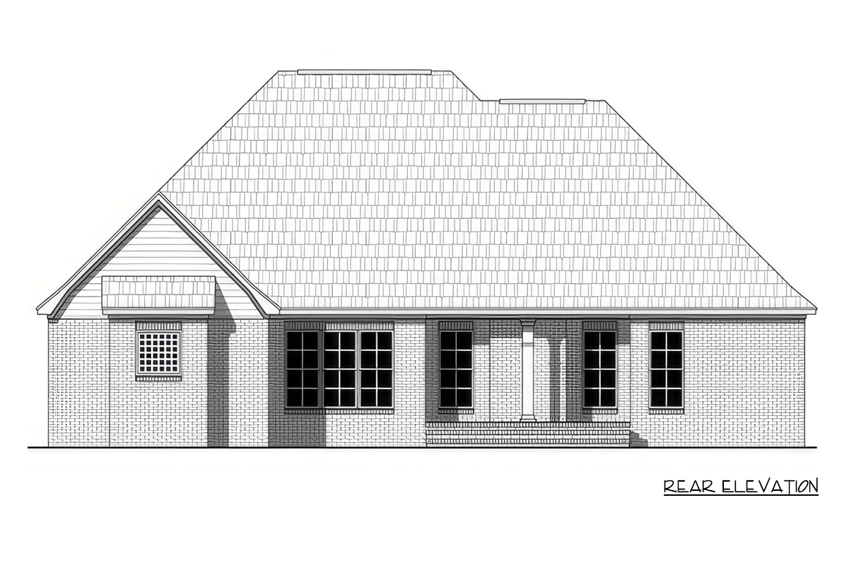 Rear elevation drawing of a one-story brick house with a prominent gable, multiple windows, and a covered entryway with columns.