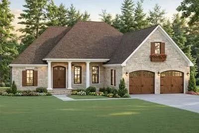 Three Bed Southern Acadian House Plan with Split Bedrooms & Covered Porches
