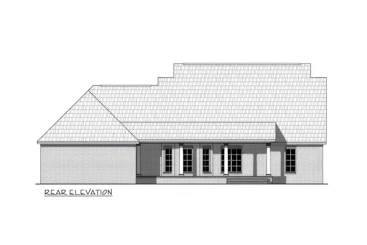 Rear elevation drawing of a house plan with a brick facade, covered porch with columns, and multiple windows.
