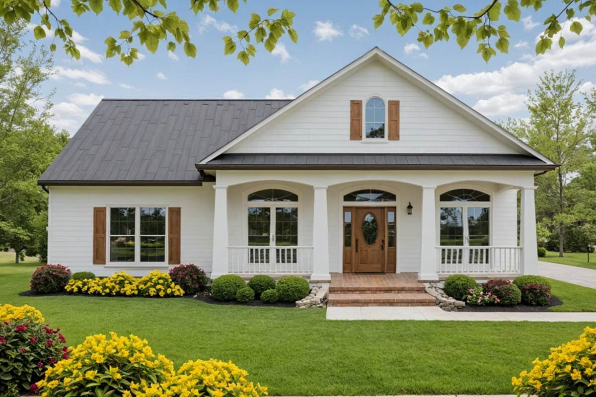 House plan exterior. Two-story farmhouse with a front porch, gabled roof, and dormer window. Features include a dark metal roof and arched windows.