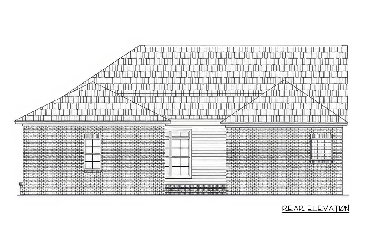Rear elevation drawing of a house plan with brick and siding, showing multiple gables and windows.