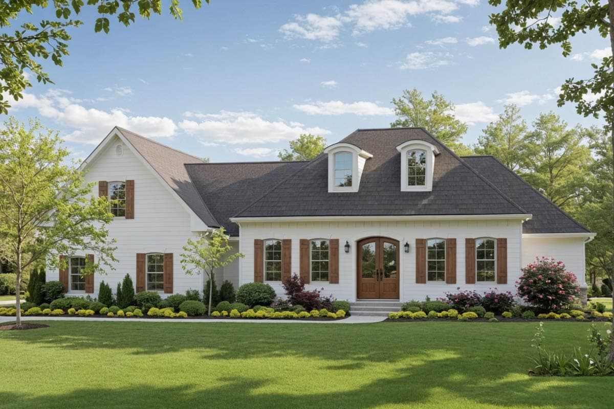 House plan exterior. Two-story farmhouse with gables, dormers, and a prominent roofline. Features include wood shutters and double front doors.
