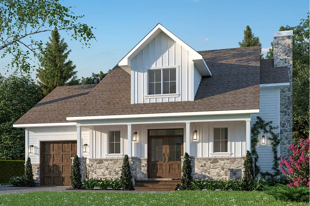 House plan exterior. Two-story Modern Farmhouse with a gabled dormer, stone accents on the front porch, and a side-entry garage.