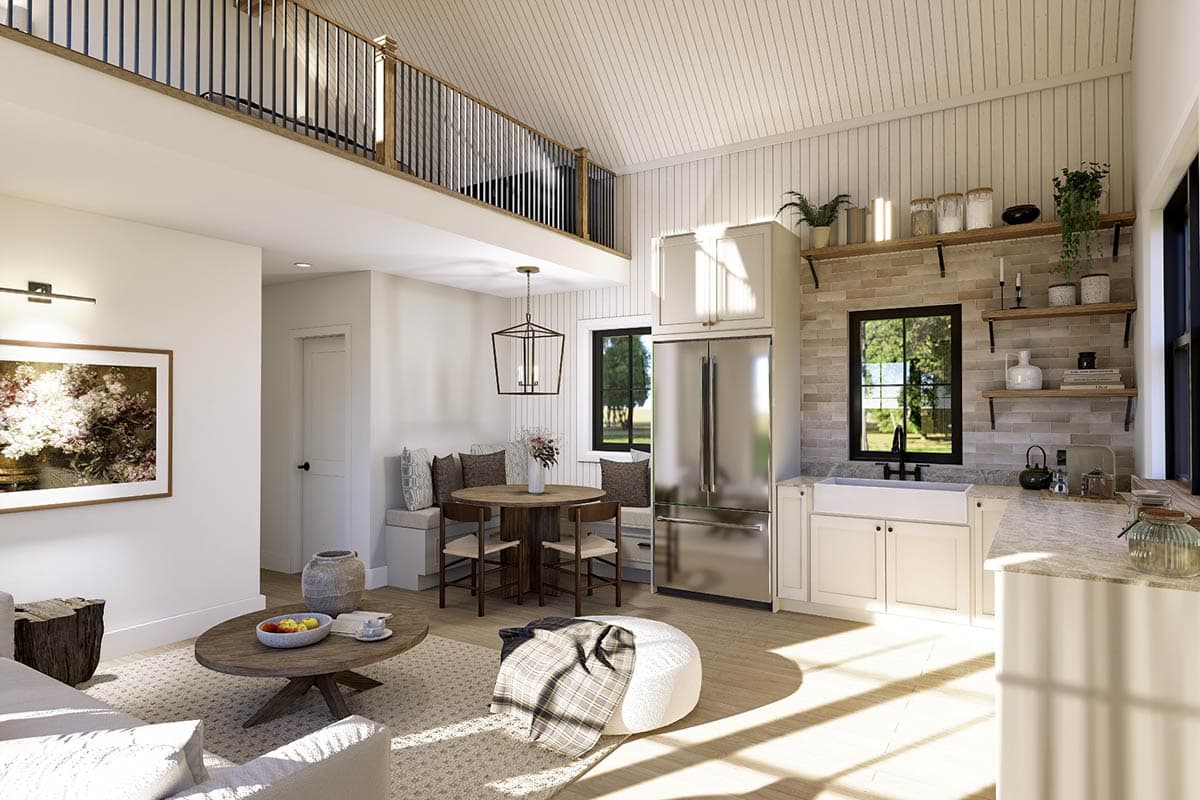 Interior rendering of a living area with vaulted ceiling, loft overlook, kitchen with island, and dining nook.
