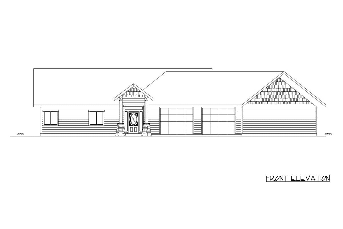 Front elevation drawing of a single-story house with a covered entry, double garage, and horizontal siding.