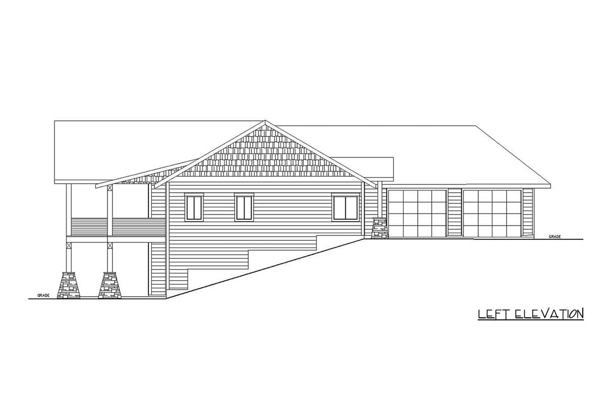Left elevation house plan with a covered porch, shingled gable, and a side-entry two-car garage on a sloped lot.