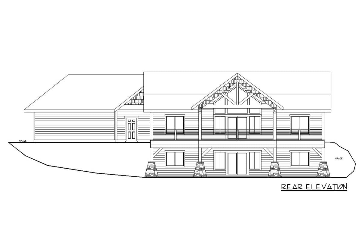 Rear elevation drawing of a two-story house with large gables, multiple windows, and a covered lower level.