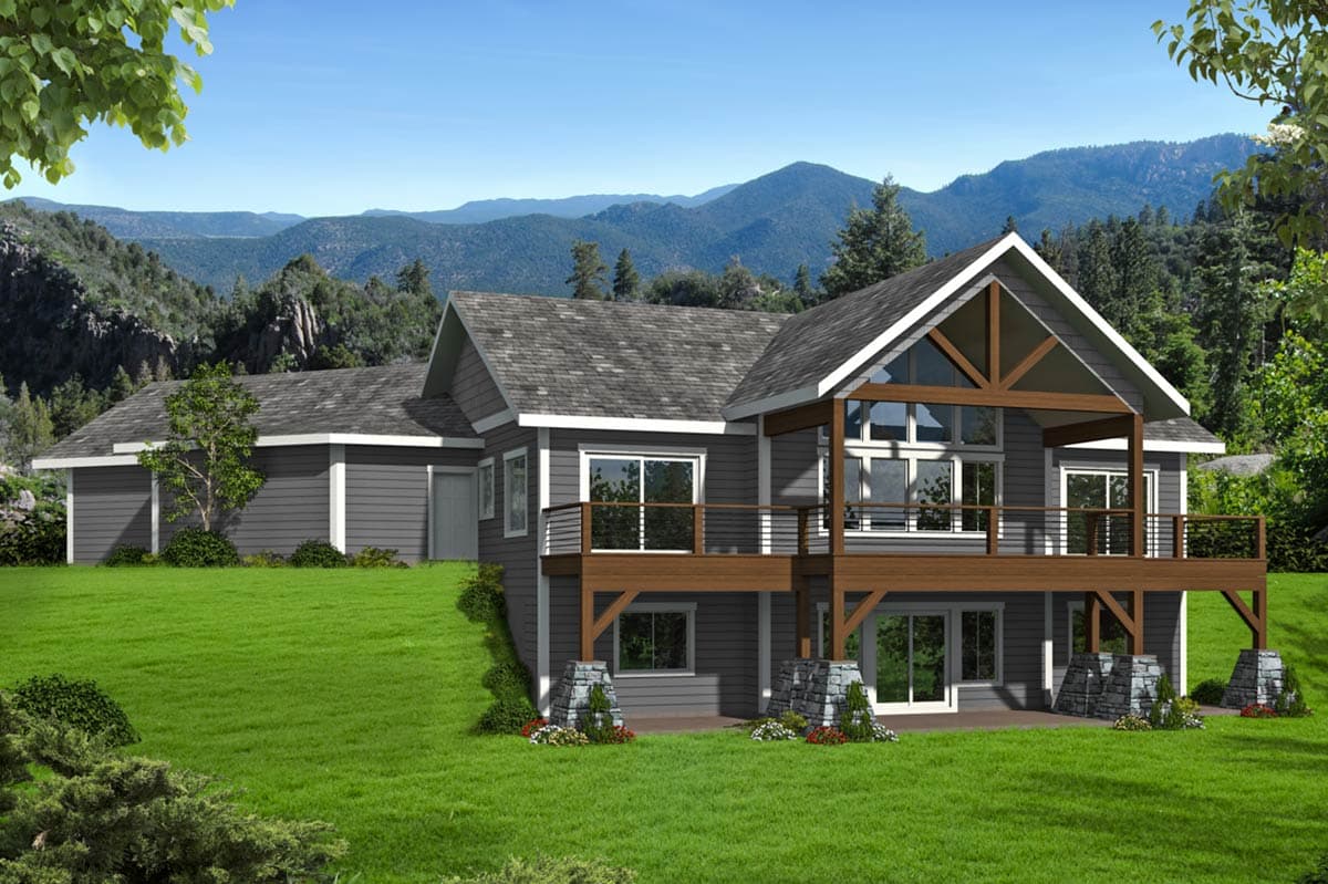 House plan exterior. Two-story home with a gable roof, timber-framed balcony, and exposed rafter tails. Features a deck and stone columns.