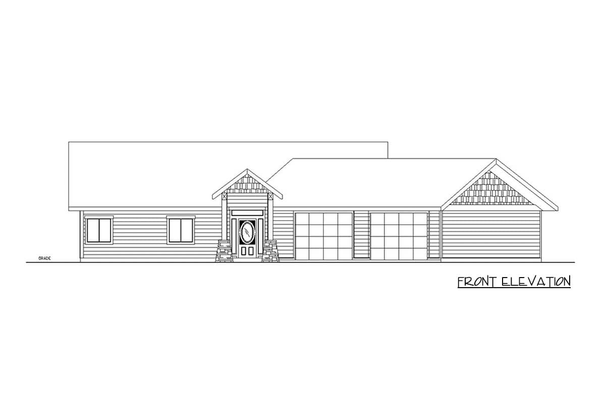 Front elevation drawing of a one-story house with a prominent gable over the entrance, side-facing windows, and a three-car garage.