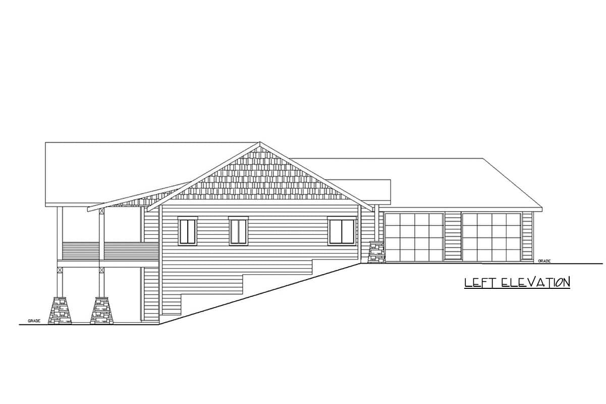 Left elevation of house plan featuring a porch, two-car garage, and gabled roof with decorative siding.