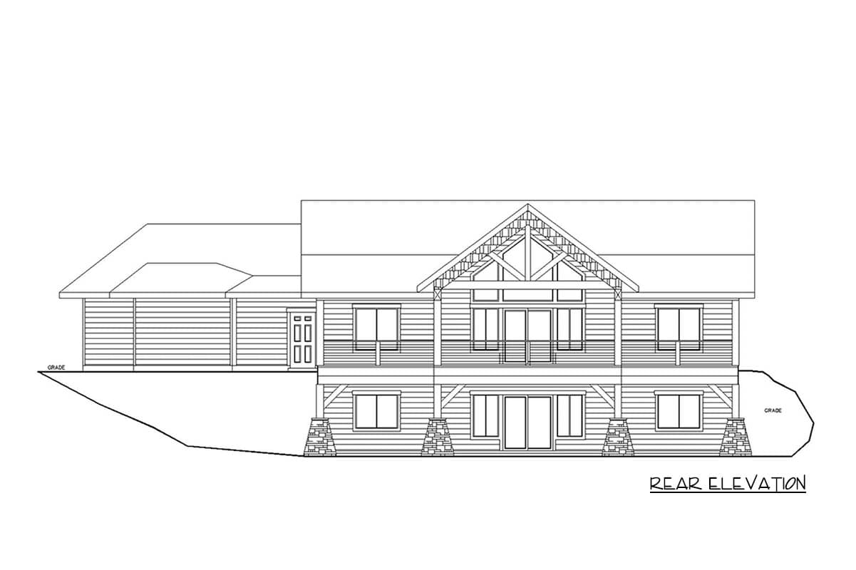 Rear elevation drawing of a house plan featuring a gable roof, exposed beams, multiple windows, and a covered lower level.