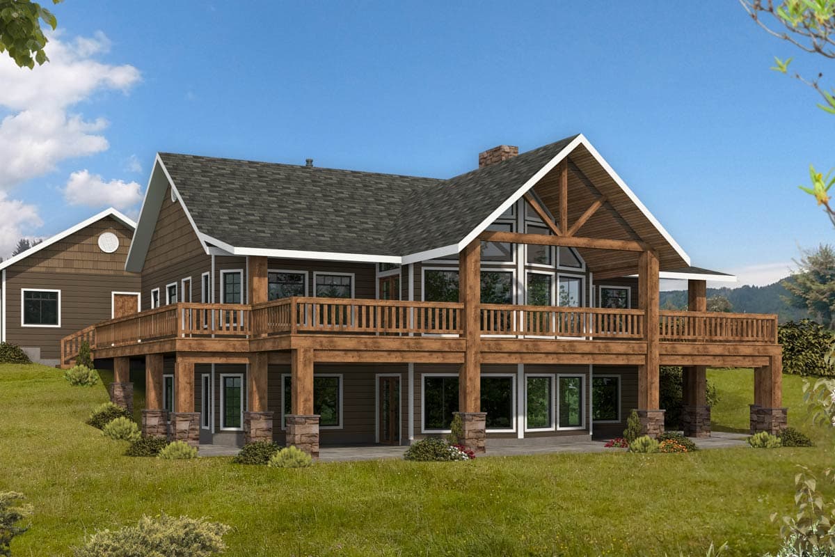 House plan exterior. Two-story with Craftsman details. Features include a wrap-around deck, gabled roof, and exposed timber-framed entry.