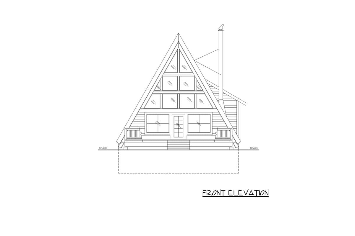 Front elevation drawing of a-frame house plan with prominent A-frame roof, multiple windows, porch, and chimney.