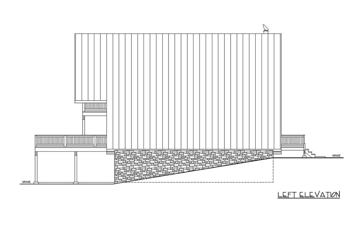 Left elevation house plan with metal siding, multi-level deck, and stone foundation.