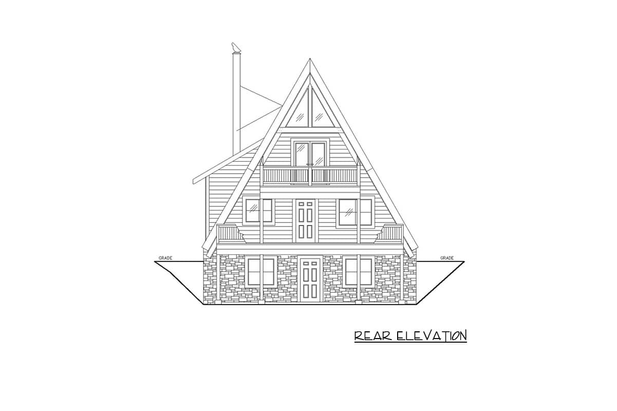 Rear elevation drawing of a multi-story house plan with a prominent A-frame roof, multiple balconies, and stone foundation.