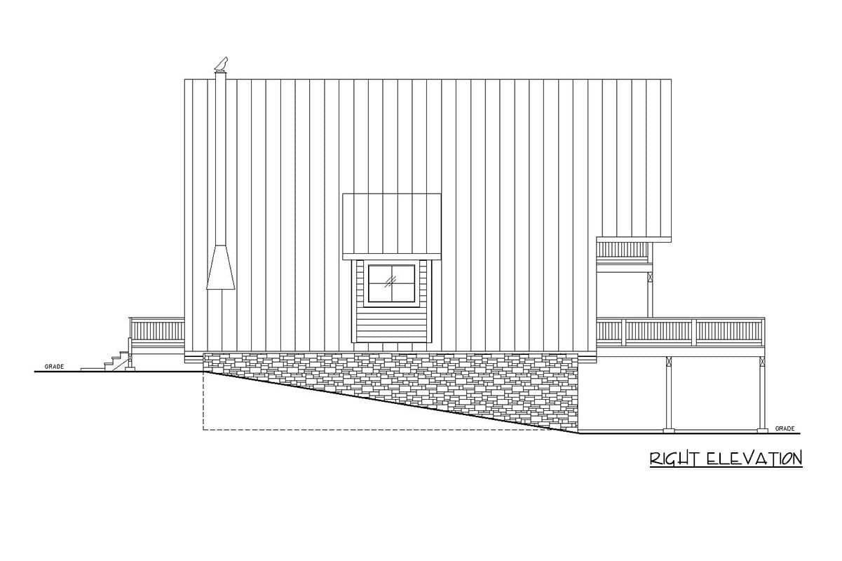 Right elevation drawing of a house plan featuring vertical siding, stone foundation, a dormer window, and multiple decks.