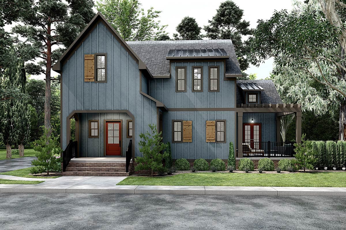 Modern Farmhouse house plan exterior with vertical siding, gables, dormers, and two covered porches.