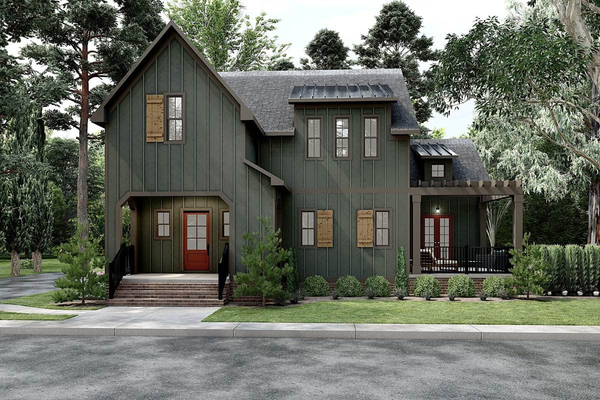House plan exterior. Two-story Modern Farmhouse with gables, porch, and board-and-batten siding. Features include wood shutters and a dark-toned roof.