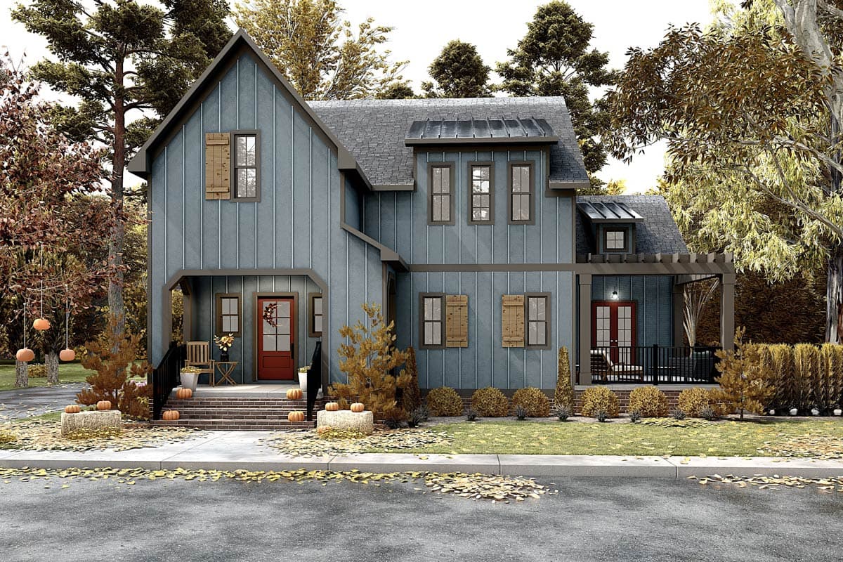 Modern Farmhouse house plan exterior, two stories, board and batten siding, gabled roof, covered front porch, and dormer.