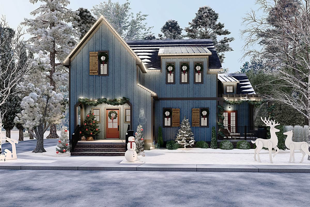 Modern farmhouse house plan exterior with blue vertical siding, prominent gable, dormers, and covered front porch.
