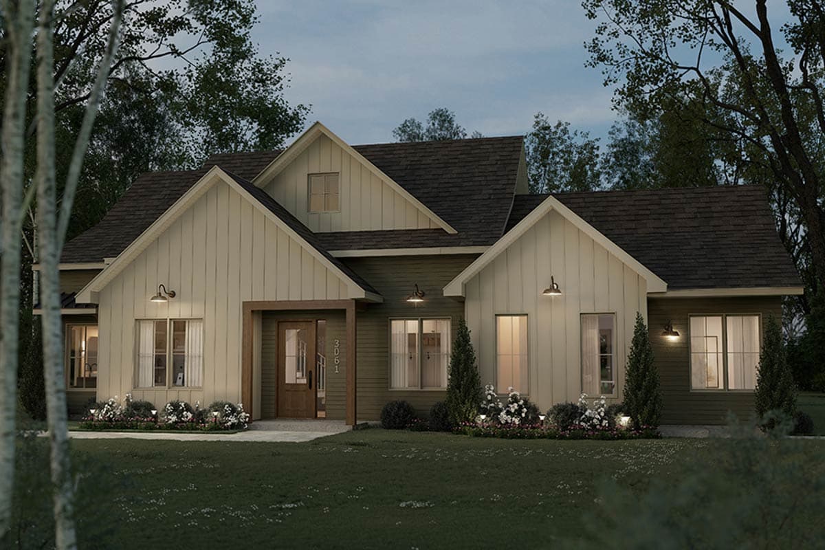 House plan exterior. Modern farmhouse with gables, a covered entry porch, and vertical siding. Features include multiple dormers and a dark roof.