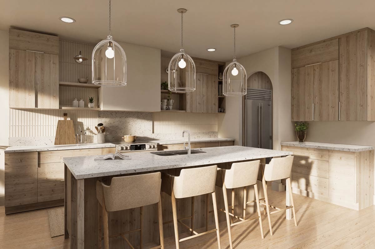 Kitchen island with bar seating, modern wood cabinetry, stone countertops, and pendant lighting.