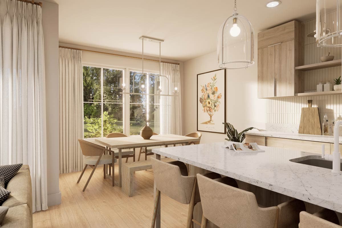 Interior rendering of a dining area and kitchen featuring a large island, wooden dining set, and pendant lighting.