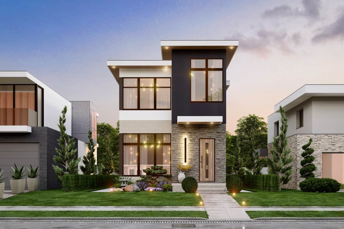 Modern two-story house plan exterior with a stone facade, large windows, flat rooflines, and a prominent entryway.