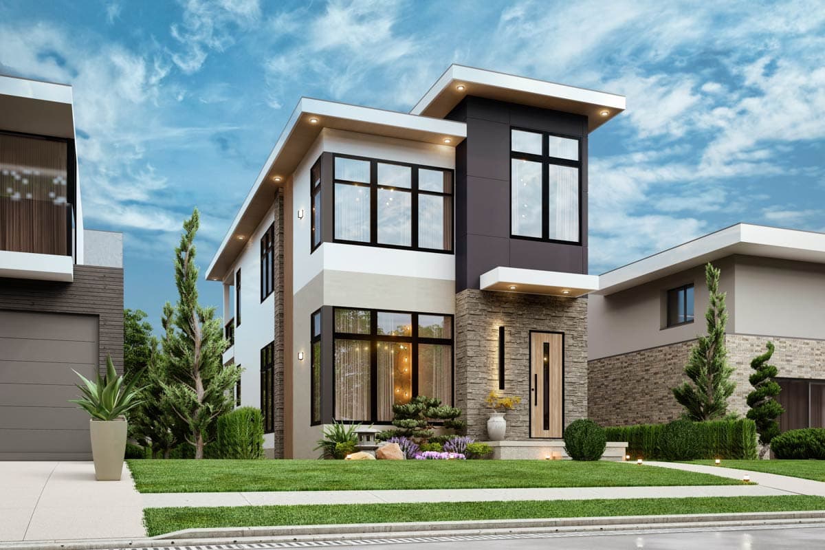 Modern house plan exterior, two stories, with stone accents, large windows, and cantilevered upper level.