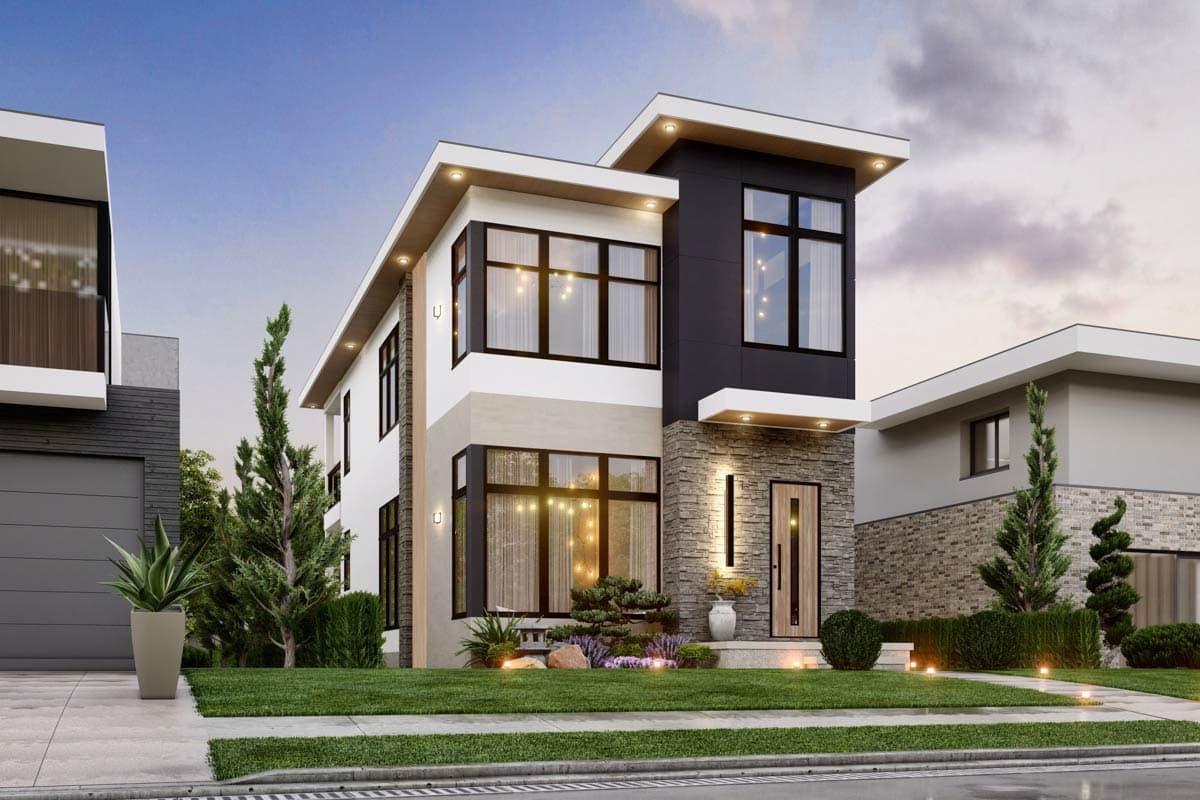 Modern two-story house plan exterior with stone accents, flat rooflines, large windows, and a prominent entrance.