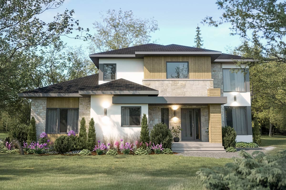 Two-story house plan exterior with stone veneer and wood siding, covered entry, and mixed rooflines. Features large windows and exterior lighting.