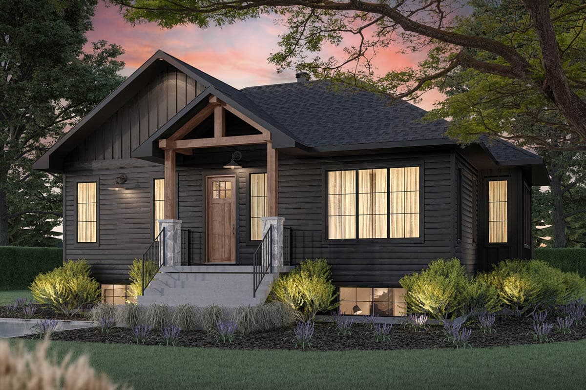 House plan exterior. Craftsman style with a single story, gable roof, covered porch with exposed beams, and multiple large windows.