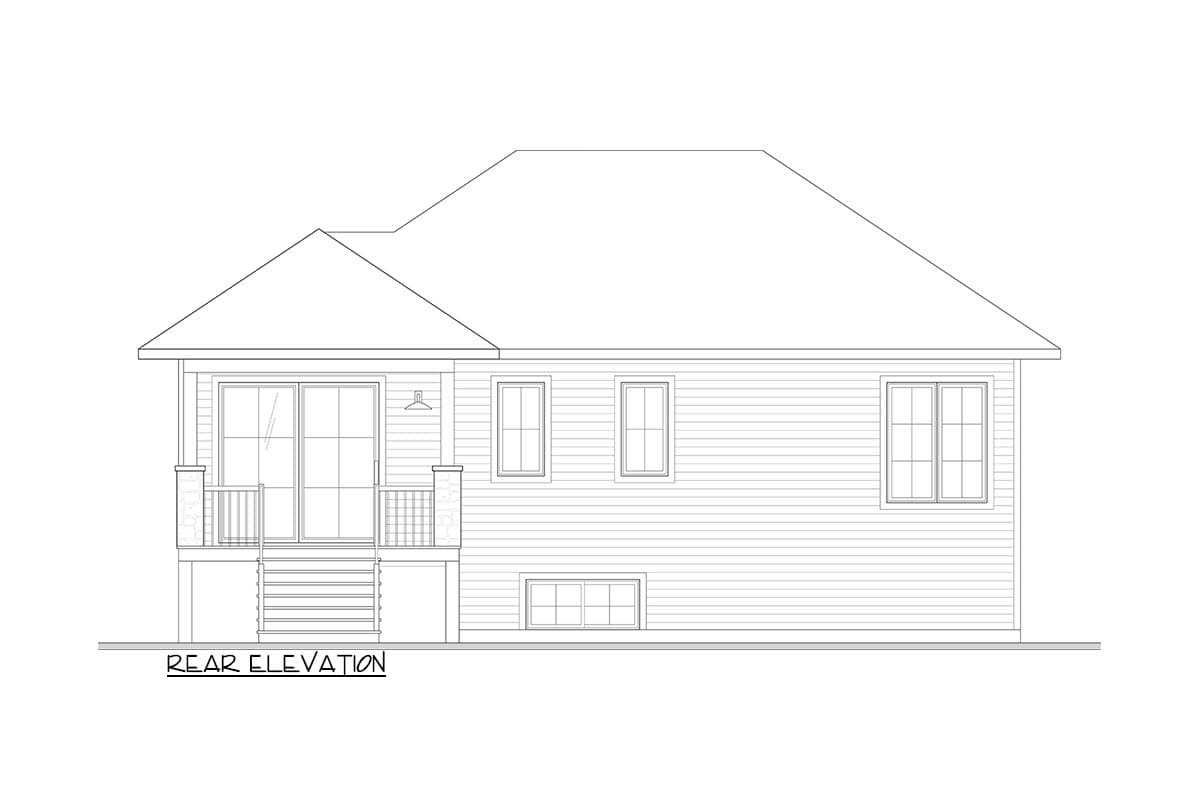 Rear elevation drawing of a house plan with a prominent gable roofline, side porch, and multiple windows.