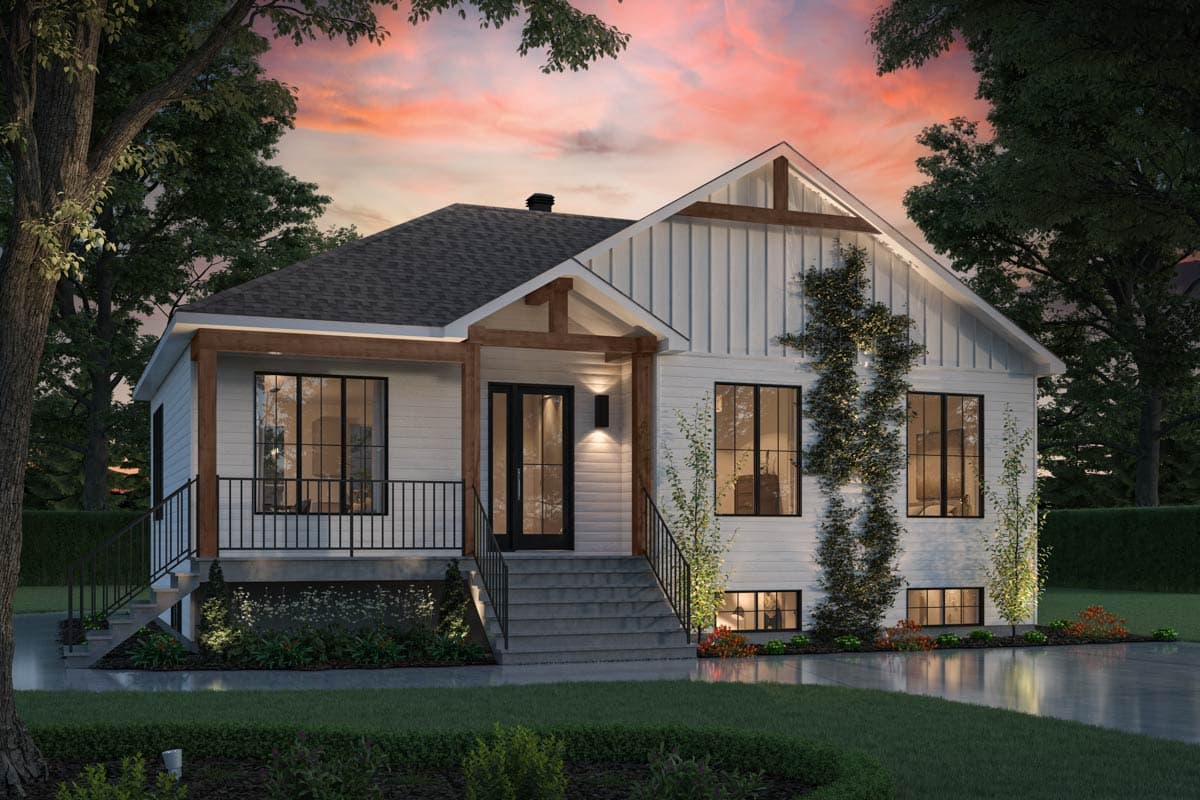 Modern farmhouse house plan exterior with white siding, exposed timber beams, prominent gable, and covered entry porch.
