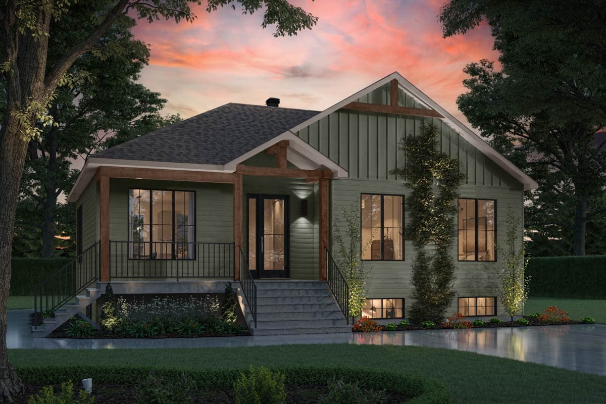House plan exterior of a two-story modern farmhouse with a covered front porch, prominent gables, and board and batten siding.