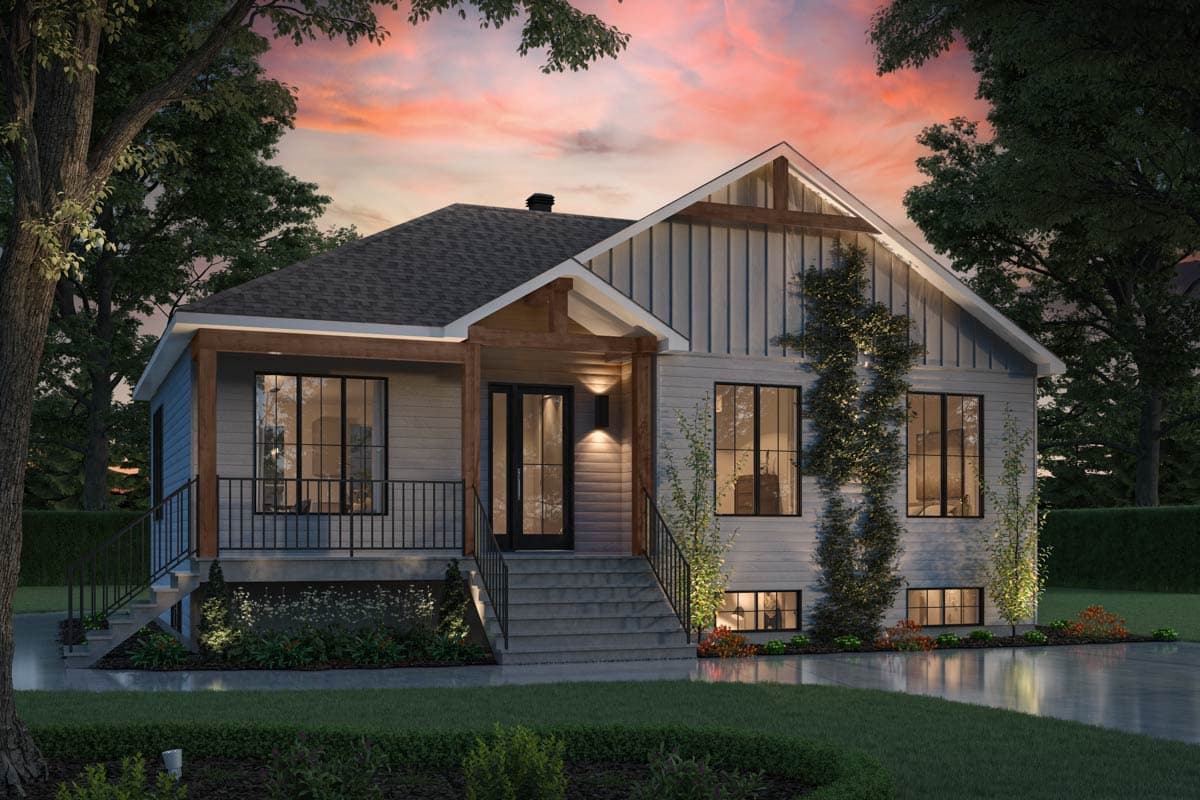 House plan exterior with a covered entry porch, gables, and a mix of siding and board-and-batten finishes.