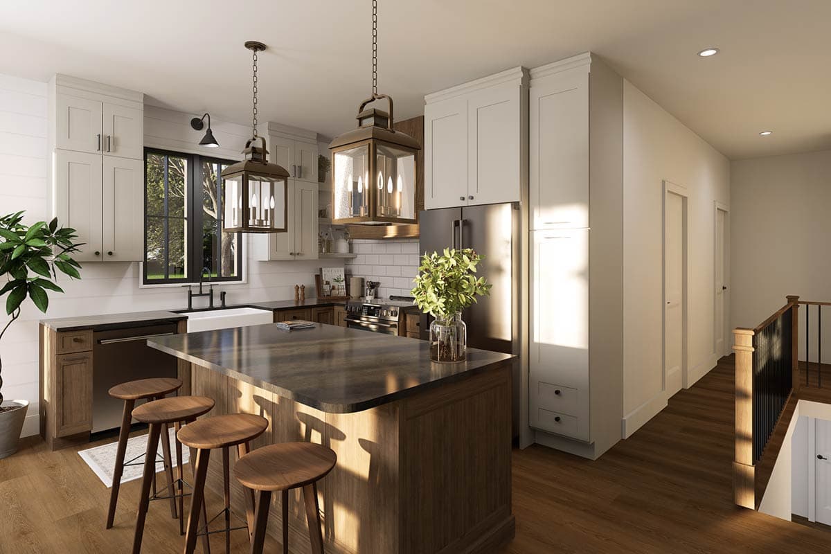 Kitchen rendering with island, pendant lights, farm sink, subway tile backsplash, and stairs leading to a different level.