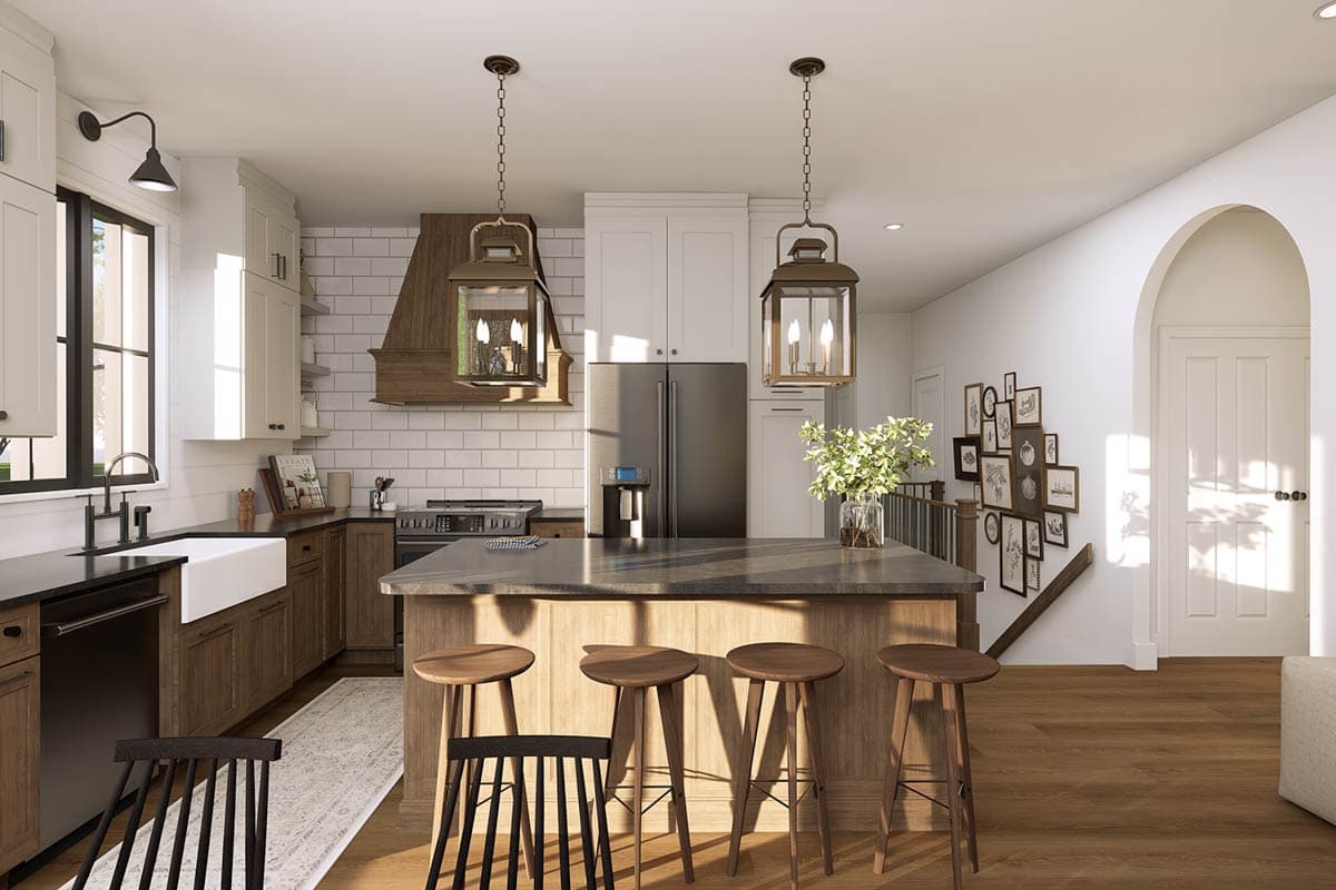 Kitchen with island seating, farmhouse sink, subway tile backsplash, range hood, and pendant lights.