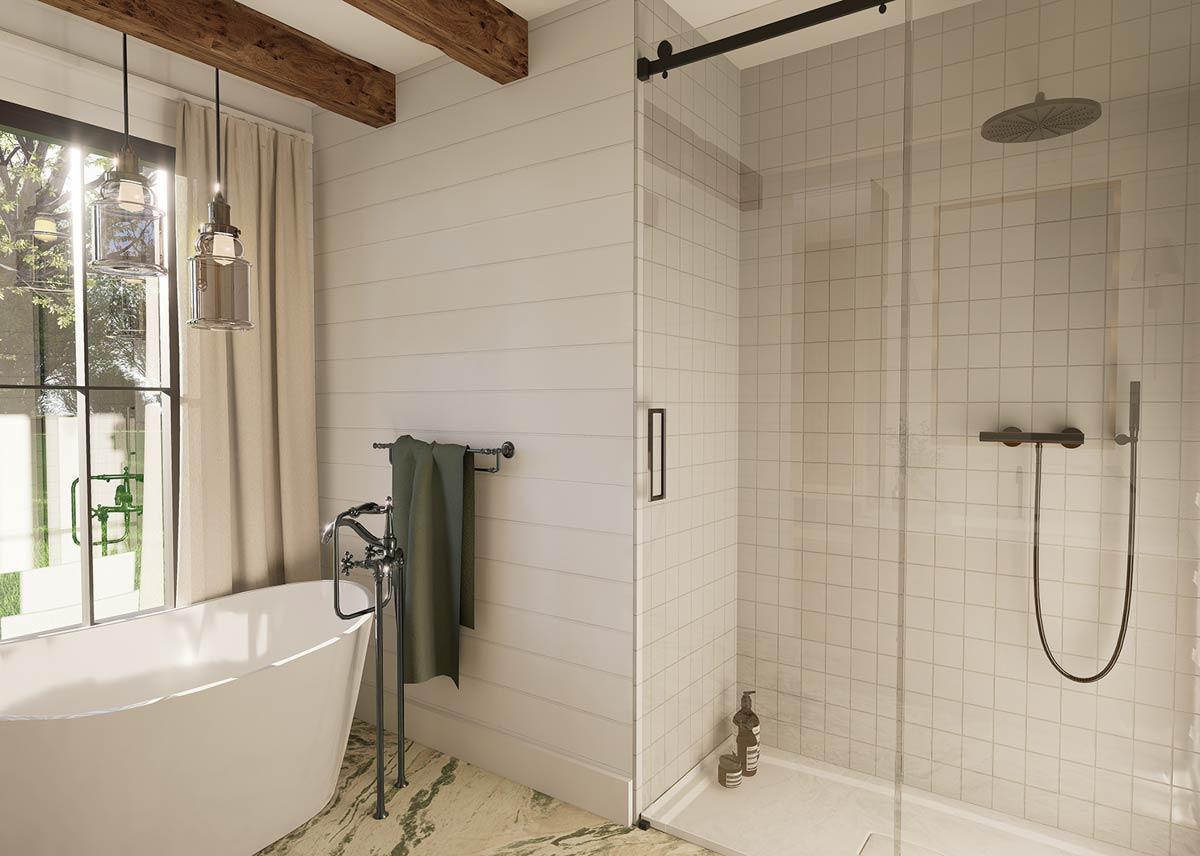Bathroom with freestanding tub, walk-in shower with white tile, and exposed wood ceiling beams.